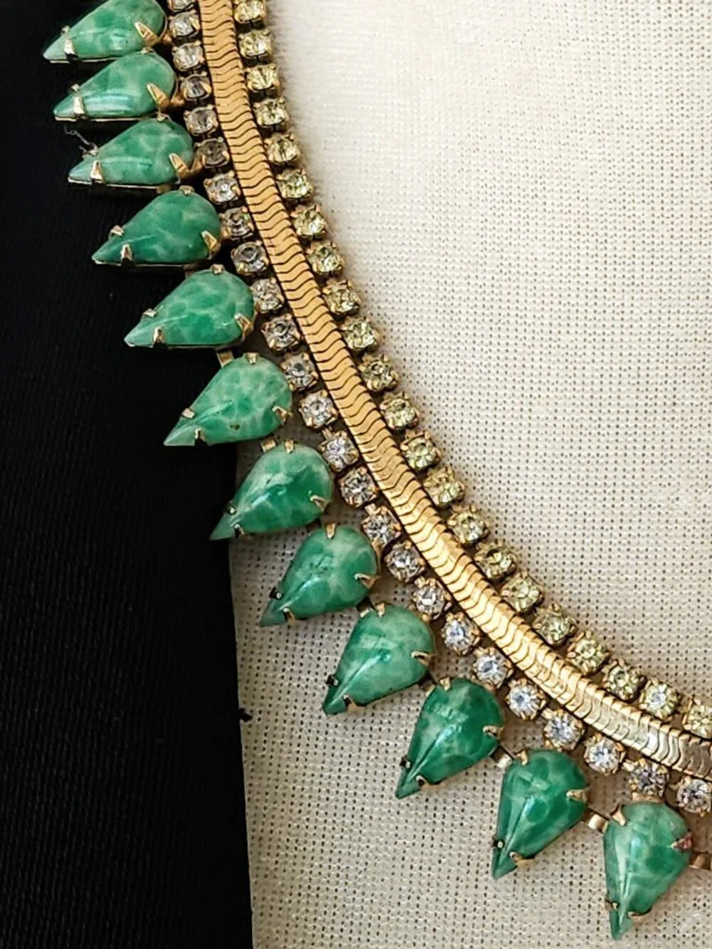 Vintage Faux Jade Glass and Rhinestone Collar Necklace